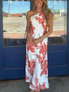 PEACH HIBISCUS HALTER MIDI DRESS ISLA HALTER MAXI DRESS